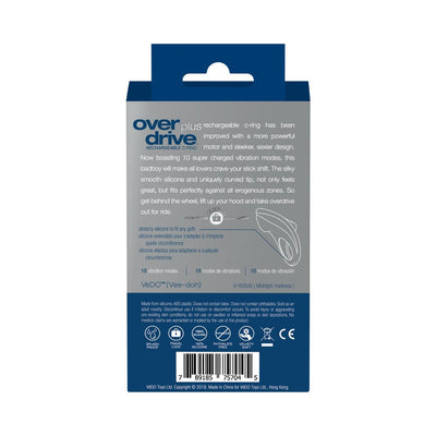 Back view of Overdrive+ Vibrating Ring packaging highlighting product features and usage instructions.