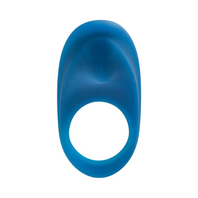 Blue silicone Overdrive+ vibrating ring with ergonomic curved design and circular opening.