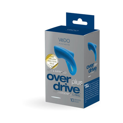 Packaging box of VEDOS Overdrive+ rechargeable vibrating ring in blue with product image and key features displayed.