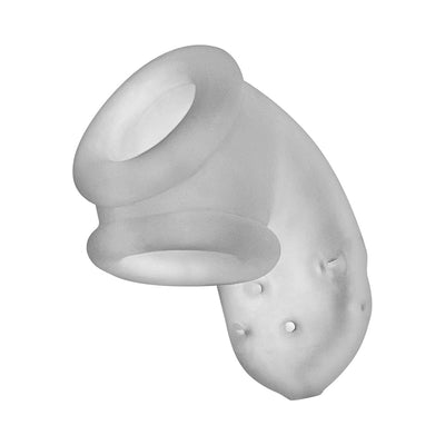 Clear soft silicone vented chastity cage with built-in sling and multiple ventilation holes for comfort and airflow.