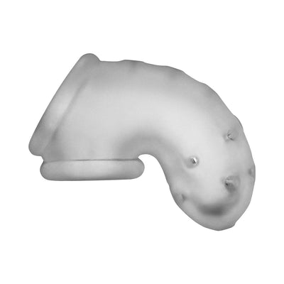 Clear silicone vented chastity cage with built-in sling and multiple drainage holes, designed for comfort and airflow.