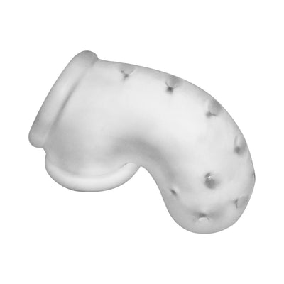 Clear soft silicone vented chastity cage with built-in sling and textured surface for comfort and airflow.