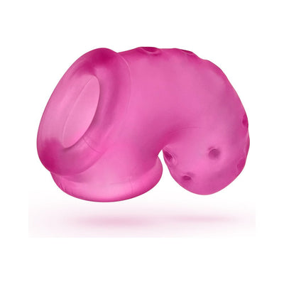 Pink translucent vented chastity cage with built-in sling and multiple ventilation holes for comfort and airflow.