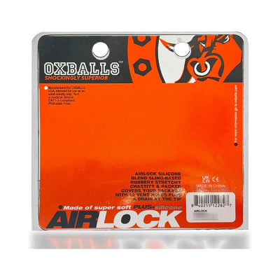 Orange and black Airlock Air-Lite Vented Chastity packaging with OXBALLS branding and product details.