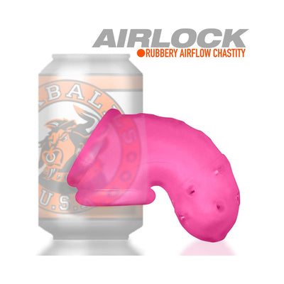 Bright pink vented Airlock Air-Lite chastity cage displayed next to a soda can for size comparison.