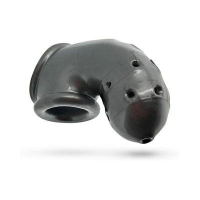 Black soft silicone vented chastity cage with multiple holes and built-in sling ring base.