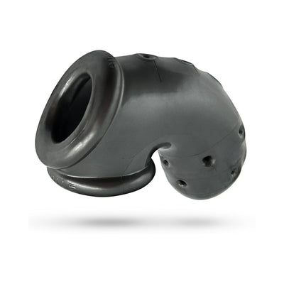 Black soft silicone vented chastity cage with built-in sling and multiple ventilation holes for comfort and airflow.
