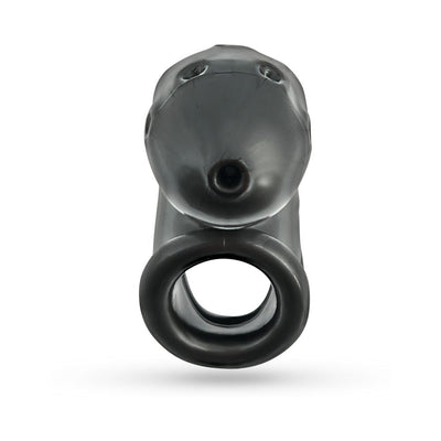 Black soft silicone vented chastity cage with built-in sling and drainage holes, front view on white background.