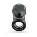 Black soft silicone vented chastity cage with built-in sling and drainage holes, front view on white background.