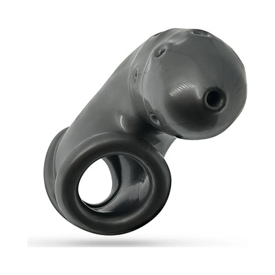 Black vented silicone chastity cage with built-in sling and drainage holes for comfort and ventilation.