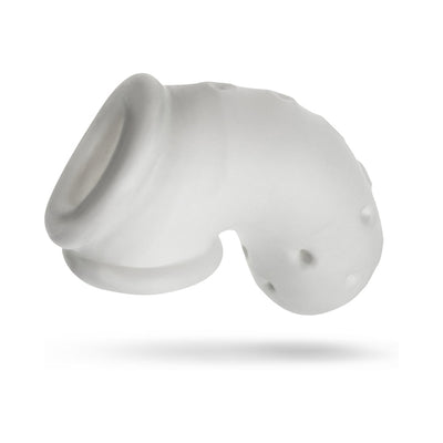 White soft silicone vented chastity cage with built-in sling and drainage holes, designed for comfort and airflow.