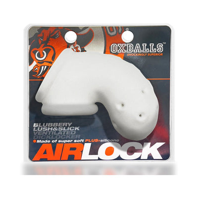 White vented Airlock Air-Lite chastity cage made of soft silicone on branded packaging.