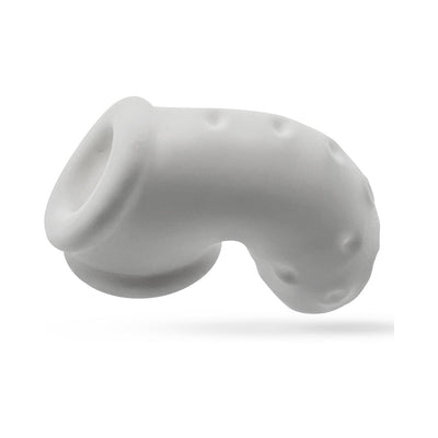White soft silicone vented chastity cage with ergonomic curved design and ventilation holes.