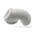 White soft silicone vented chastity cage with ergonomic curved design and ventilation holes.