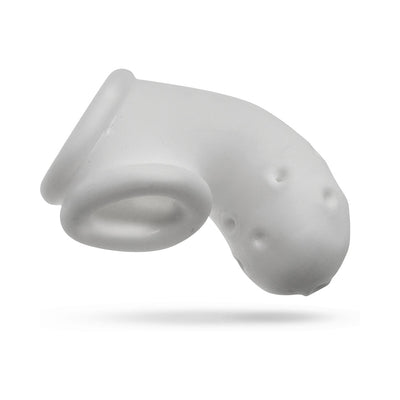 White soft silicone vented chastity cage with built-in sling and drainage holes for comfort and airflow.