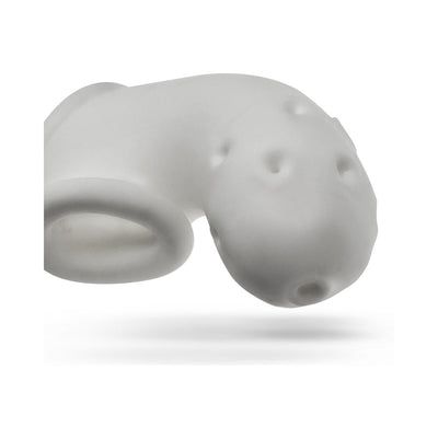 White soft silicone vented chastity cage with built-in sling and multiple ventilation holes.