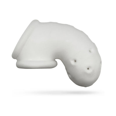 White soft silicone vented chastity cage with multiple ventilation holes and a built-in sling base.