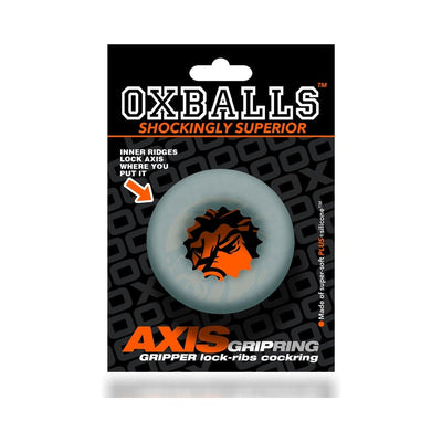 Packaging of the Axis Rib Griphold Cockring in translucent orange with inner ridges for enhanced grip and comfort.