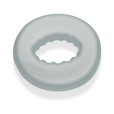 Soft gray silicone cockring with inner ribbed texture and smooth matte finish for enhanced grip and comfort.