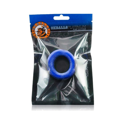 Blue silicone ballstretcher ring in clear resealable packaging with OxbBalls Platinum branding.