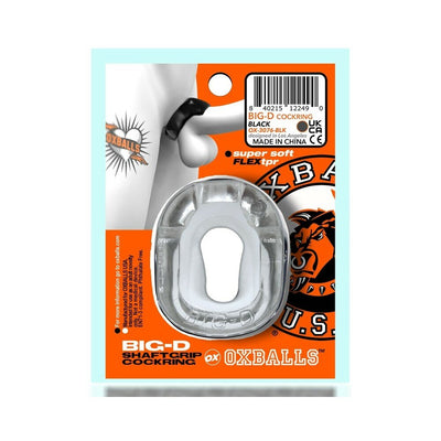 Clear oval-shaped Oxballs Big-D shaft grip cockring in black packaging with orange and white branding details.