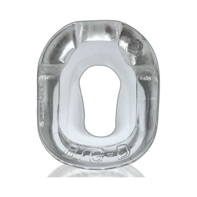 Clear oval-shaped Oxballs Big-D shaft grip cockring with textured inner padding and raised edges for enhanced fit and comfort.