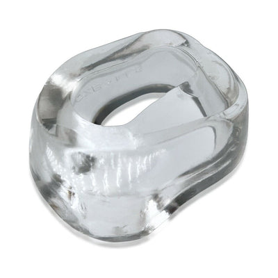 Clear oval-shaped flexible cockring with raised shaft grippers and padded base for enhanced fit and support.