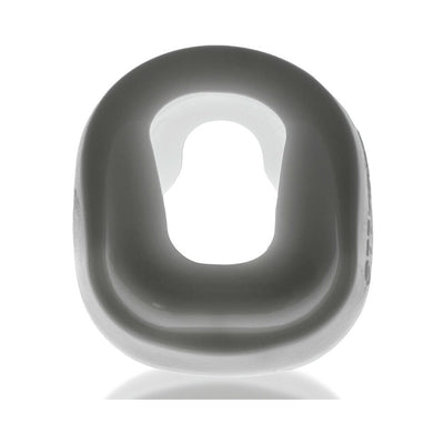 Gray oval-shaped flexible cockring with a central cutout and thick, smooth edges for comfort and grip.