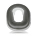 Gray oval-shaped flexible cockring with a central cutout and thick, smooth edges for comfort and grip.