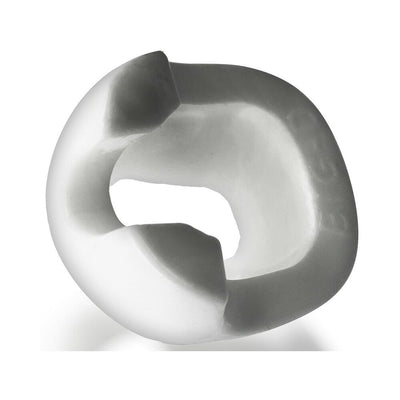 White oval-shaped flexible cockring with raised shaft grippers and padded base for enhanced fit and comfort.