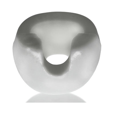 White oval-shaped flexible cockring with padded base and top shaft grippers for enhanced fit and support.
