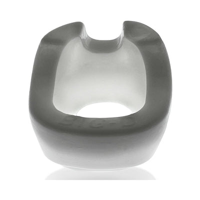 Gray oval-shaped flexible cockring with a notch and thick padded base for enhanced comfort and grip.
