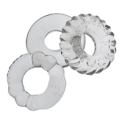 Clear flexible cockring set featuring three textured and smooth stretchy rings in varying shapes and sizes.