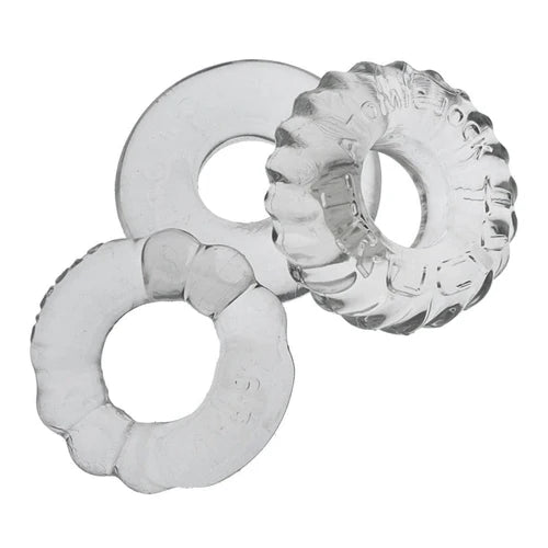 Clear flexible cockring set featuring three textured and smooth stretchy rings in varying shapes and sizes.
