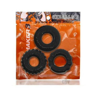 Oxballs Bonemaker 3-pack flexible black cockrings with varied textures in orange branded packaging