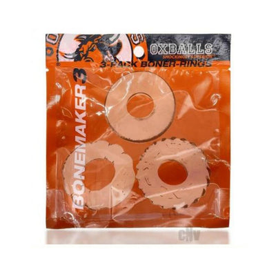 Oxballs Bonemaker 3-pack flexible cockring kit in translucent orange packaging with three textured rings visible inside.