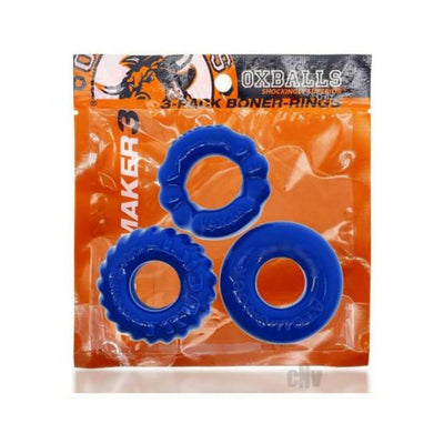 Oxballs Bonemaker 3-pack flexible blue cockrings in textured and smooth designs on orange packaging.