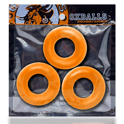 Three bright orange jumbo cockrings in clear Oxballs branded packaging with black and orange header.