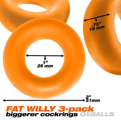 Three large orange flexible cockrings with size measurements displayed on a white background.