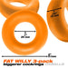 Three large orange flexible cockrings with size measurements displayed on a white background.