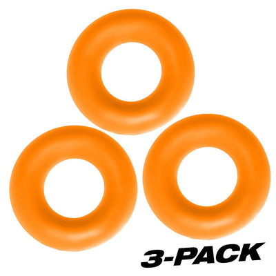 Three bright orange flexible jumbo cockrings arranged in a triangle with 3-pack text on white background.