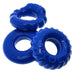 Three blue textured flexible cockrings from Oxballs Bonemaker 3-pack kit displayed on a white background.
