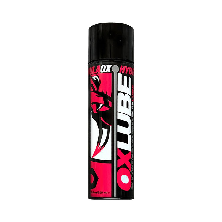 Bottle of Oxballs Formulaox Hybrid Oxlube with black, white, and red bold graphic design on label.