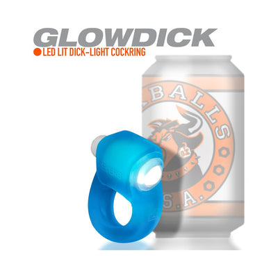 Blue LED-lit Glowdick cockring displayed next to a branded can for size comparison.