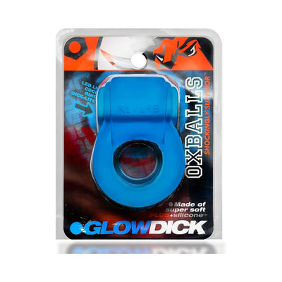 Blue Oxballs Glowdick LED cockring in clear packaging with bold branding and product details visible.