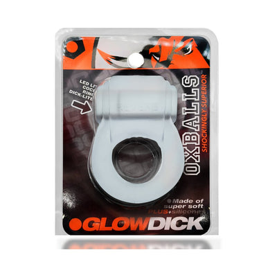Oxballs Glowdick LED cock ring in clear soft silicone packaging with bold orange and black branding.