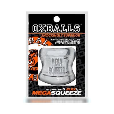 Oxballs Mega Squeeze clear flexible ballstretcher in black and orange branded packaging.