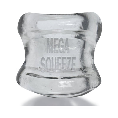Clear flexible Oxballs Mega Squeeze Ergofit ballstretcher with embossed logo and ergonomic hourglass shape.
