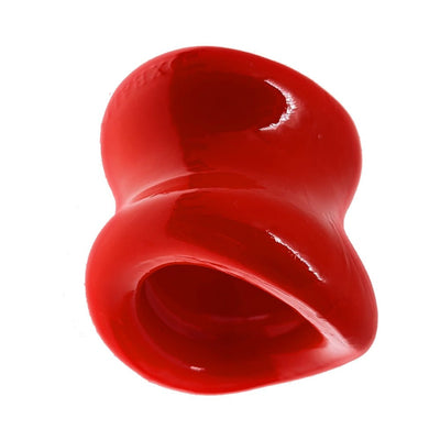 Red glossy ergonomic ballstretcher with hourglass shape and oval inner opening for comfortable fit and stretch.