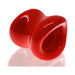 Red glossy ergonomic ballstretcher with hourglass shape and oval inner opening for comfortable fit and stretch.